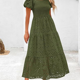 Embroidered Puff Sleeve Smocked Midi Dress