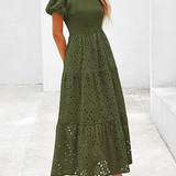 Embroidered Puff Sleeve Smocked Midi Dress