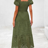 Embroidered Puff Sleeve Smocked Midi Dress