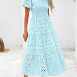 Embroidered Puff Sleeve Smocked Midi Dress