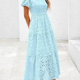 Embroidered Puff Sleeve Smocked Midi Dress