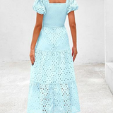 Embroidered Puff Sleeve Smocked Midi Dress