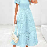 Embroidered Puff Sleeve Smocked Midi Dress