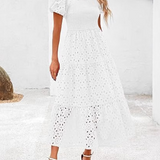 Embroidered Puff Sleeve Smocked Midi Dress