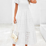 Embroidered Puff Sleeve Smocked Midi Dress