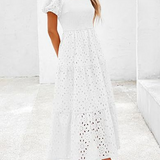 Embroidered Puff Sleeve Smocked Midi Dress