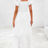 Embroidered Puff Sleeve Smocked Midi Dress