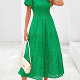 Embroidered Puff Sleeve Smocked Midi Dress