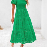 Embroidered Puff Sleeve Smocked Midi Dress