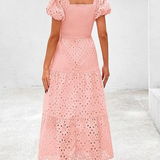 Embroidered Puff Sleeve Smocked Midi Dress