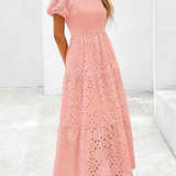 Embroidered Puff Sleeve Smocked Midi Dress