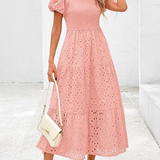 Embroidered Puff Sleeve Smocked Midi Dress