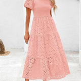 Embroidered Puff Sleeve Smocked Midi Dress