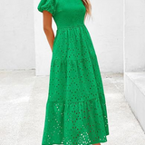 Embroidered Puff Sleeve Smocked Midi Dress
