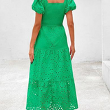 Embroidered Puff Sleeve Smocked Midi Dress