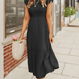 Smocked Flutter-Sleeve Tiered Midi Dress
