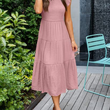 Smocked Flutter-Sleeve Tiered Midi Dress