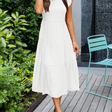 Smocked Flutter-Sleeve Tiered Midi Dress
