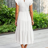 Smocked Flutter-Sleeve Tiered Midi Dress