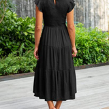 Smocked Flutter-Sleeve Tiered Midi Dress