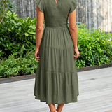 Smocked Flutter-Sleeve Tiered Midi Dress