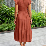 Smocked Flutter-Sleeve Tiered Midi Dress