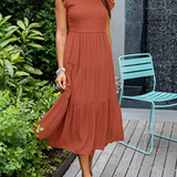 Smocked Flutter-Sleeve Tiered Midi Dress