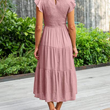 Smocked Flutter-Sleeve Tiered Midi Dress