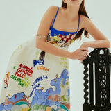 Strap graffiti cotton linen dress