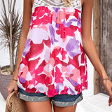 Crochet Yoke Watercolor Floral Sleeveless Blouse