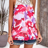 Crochet Yoke Watercolor Floral Sleeveless Blouse