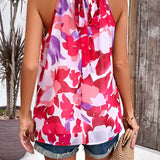 Crochet Yoke Watercolor Floral Sleeveless Blouse