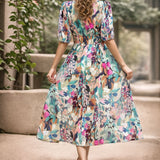 V-neck printed long dress
