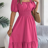 Square Neck Puff Sleeve Smocked Waist Ruffle A-Line Dress