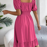 Square Neck Puff Sleeve Smocked Waist Ruffle A-Line Dress