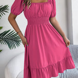 Square Neck Puff Sleeve Smocked Waist Ruffle A-Line Dress
