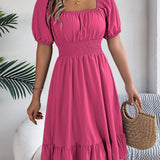 Square Neck Puff Sleeve Smocked Waist Ruffle A-Line Dress