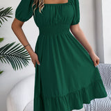 Square Neck Puff Sleeve Smocked Waist Ruffle A-Line Dress
