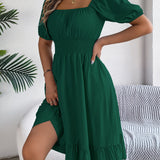 Square Neck Puff Sleeve Smocked Waist Ruffle A-Line Dress