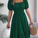Square Neck Puff Sleeve Smocked Waist Ruffle A-Line Dress