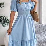 Square Neck Puff Sleeve Smocked Waist Ruffle A-Line Dress