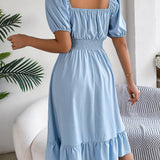 Square Neck Puff Sleeve Smocked Waist Ruffle A-Line Dress