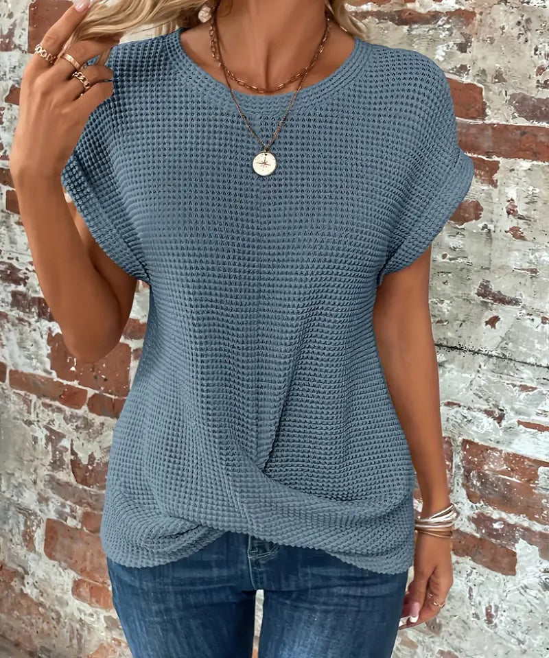 Waffle Knit Crewneck Short-Sleeve Sweatshirt