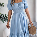 Square Neck Puff Sleeve Smocked Waist Ruffle A-Line Dress