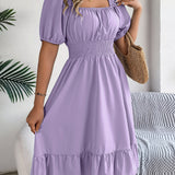 Square Neck Puff Sleeve Smocked Waist Ruffle A-Line Dress