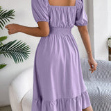Square Neck Puff Sleeve Smocked Waist Ruffle A-Line Dress
