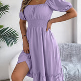 Square Neck Puff Sleeve Smocked Waist Ruffle A-Line Dress