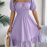 Square Neck Puff Sleeve Smocked Waist Ruffle A-Line Dress