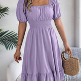 Square Neck Puff Sleeve Smocked Waist Ruffle A-Line Dress