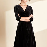 Black V-neck Mid Length Dress